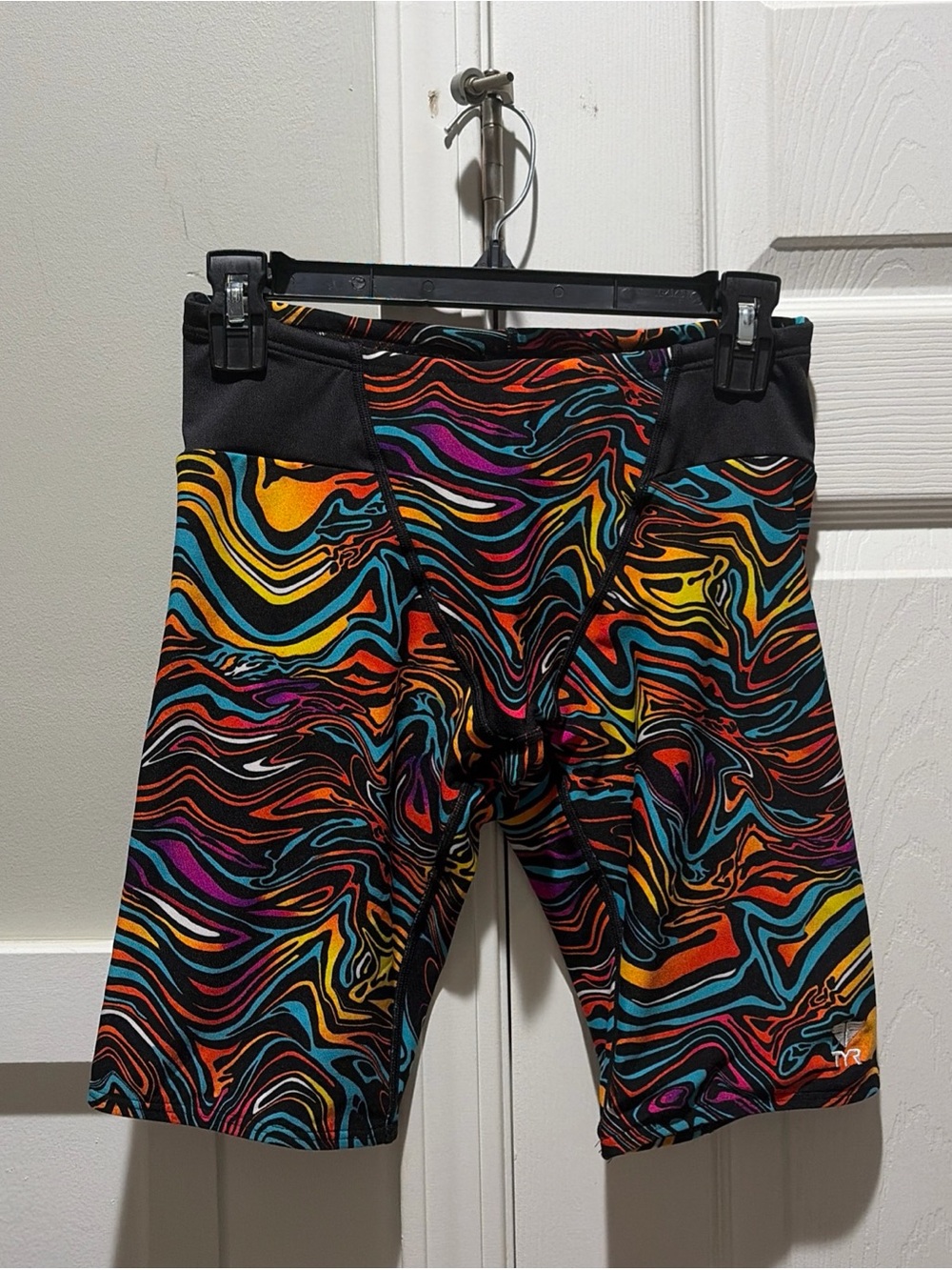 TYR Men's Multicolor Swirl-Print Swim Jammer - Black Waist Size 32